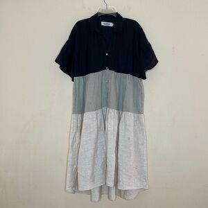 Carolina Short Sleeve Button Up Tiered Black Green Beige Linen Dress Size S/M